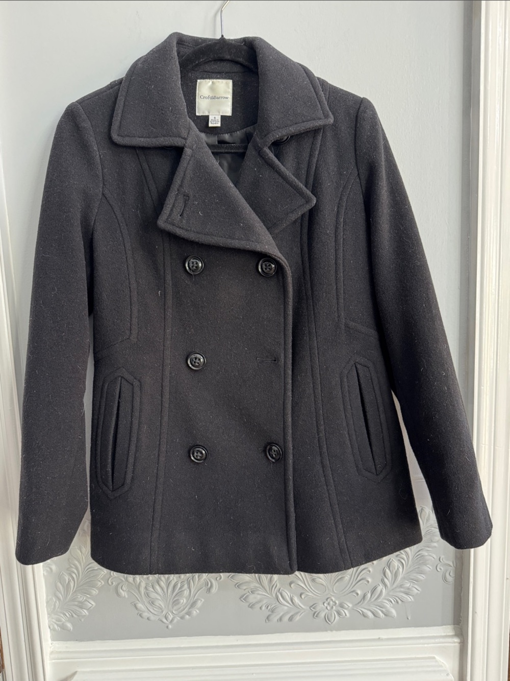 Croft & Barrow Black Double-Breasted Wool Pea Coat Womens